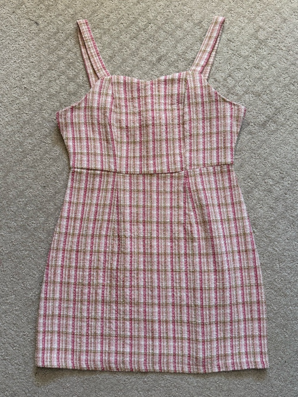 Pink Plaid Tweed Mini Dress Sweetheart Neckline Preppy Cottagecore Coquette LG